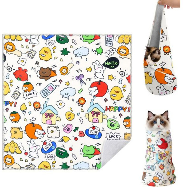 손톱깎이용 고양이 그루밍 랩 27.5인치 * 자가 부착 긁힘 담요 귀 청소용 양치 방지/탈출 스패들 구속 가방(파란색), White