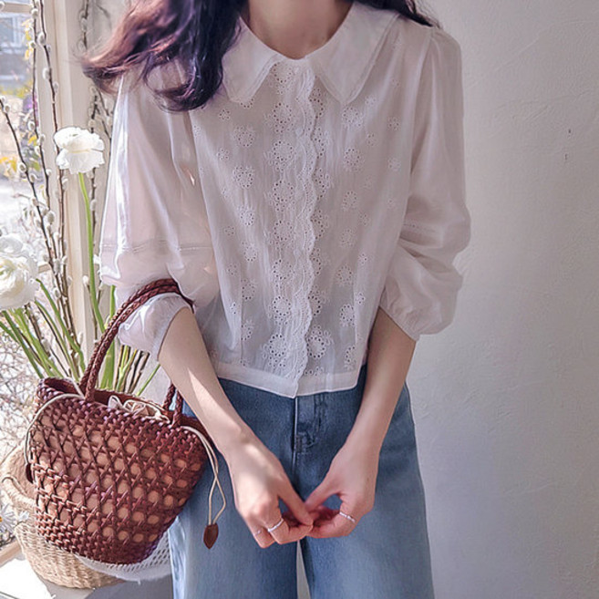 리린 하네즈 미니펀칭 꽃자수 물결모양 포인트 블라우스 2918154