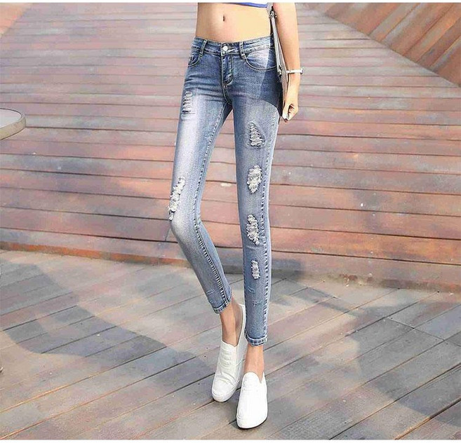 밍키비 Minky Bee 100001C 여성 빈티지 찢어진 스판 청 스키니진