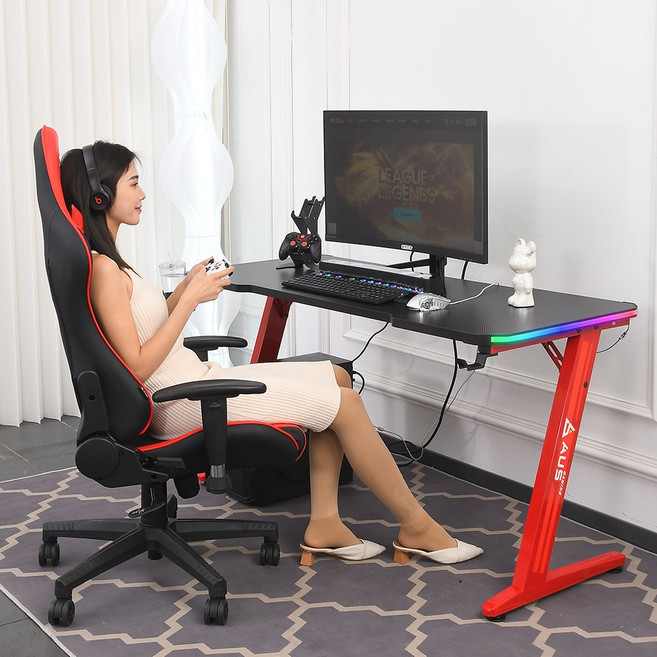 아우스 위너렉스 Z형 올인원 LED 컴퓨터책상 게이밍책상 사무용책상 학생책상 서재책상 1인용 2인용 800 1000 1200 1400 1600, RGB레드