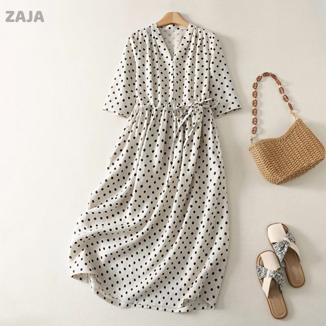 ZAJA 여성 여름 롱 원피스 도트 프린트 반팔 원피스