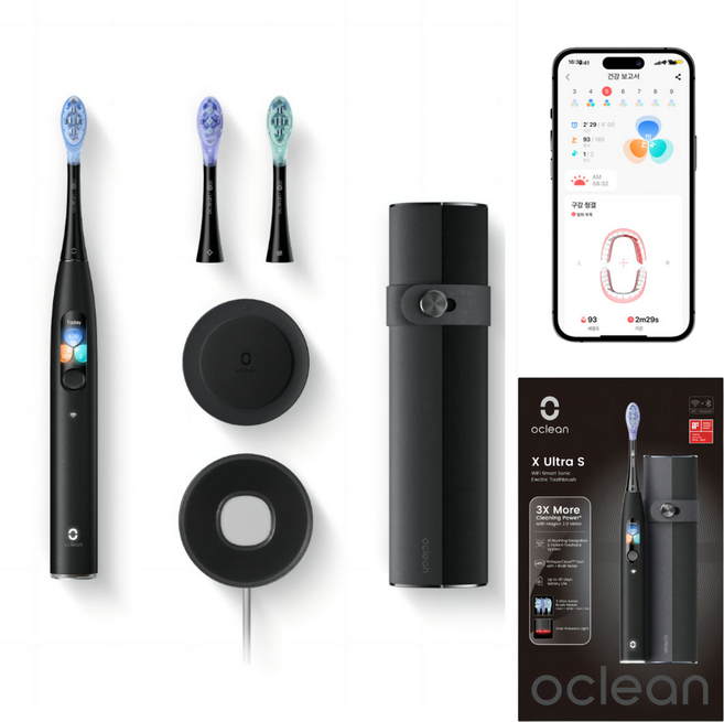 [공식수입] 오클린 Oclean 고급 음파 전동칫솔 X Ultra S 전용APP연동 AI 음성 양치 가이드, 1세트, 블랙