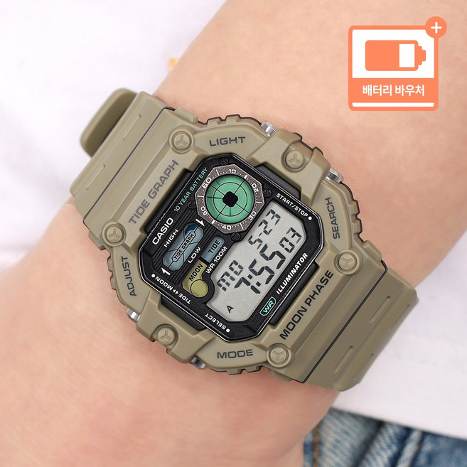 카시오 빅사이즈 방수 스퀘어 캐주얼 피싱모드 낚시 남자 우레탄 시계 + 배터리 바우처