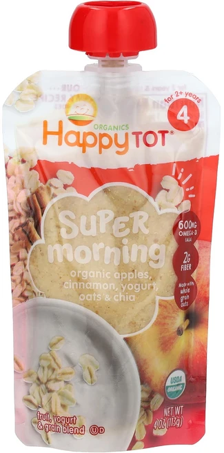 Happy Family Organics Happytot 슈퍼 모닝 4단계 유기농 사과 시나몬 요거트 및 귀리 + 슈퍼치아 113g(4oz), HappyFamilyOrganicsHappytot슈퍼모, 113g - 쿠팡