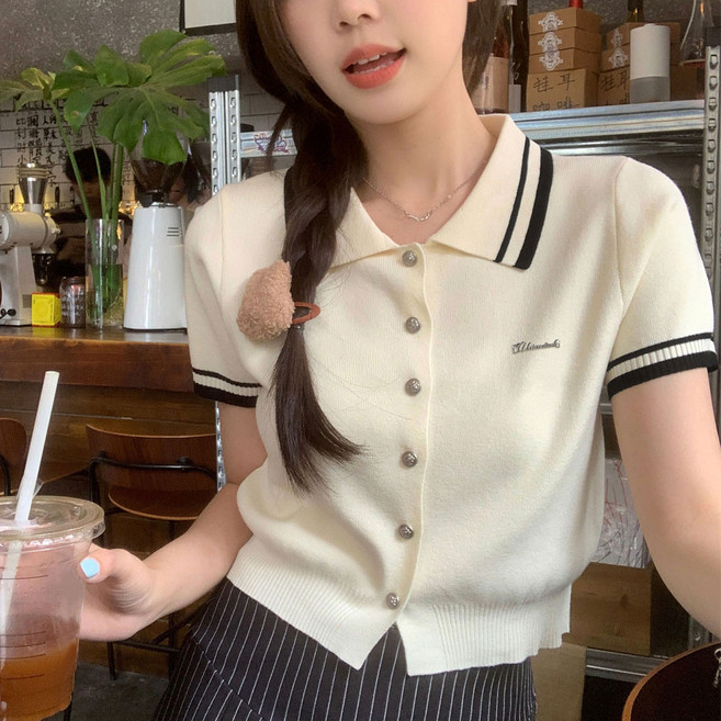 SOSISI 여성 반팔 니트 가디건 카라 라인 포인트 여름 크롬 니트 티 H46137