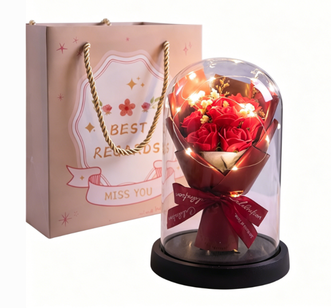 永生花玻璃罩小夜燈 母親節禮物送媽媽女生生日禮品, 1個, 大號[玻璃罩小夜燈]+紅色玫瑰7朵:1