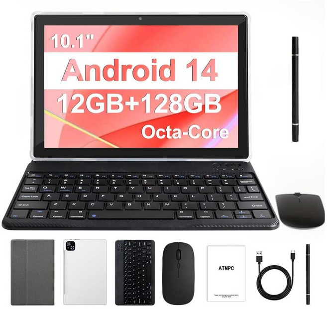 ATMPC 태블릿 10인치 안드로이드 14 태블릿 12GB (4+8 확장) RAM 128GB ROM 1TB 확장 가능 키보드 마우스 스타일러스가 있는 옥타 코어 태블릿, ATMPC 태블릿, 10인치 안드로이드 14 태블릿 1