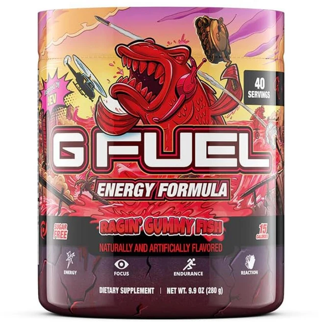 G Fuel Raging Gummy Fish 에너지 드링크 파우더 게임용 운동 전 카페인 믹스 무설탕 포커스 아미노 비타민 + 항산화 물질 280.7g(10온스) (구미, Gummy Fish Candy, 277.8g, 1개 - 쿠팡