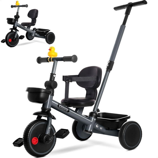 KRIDDO 만 1.5-5세 키즈용 2-in-1 세발자전거 부모 스티어링 및 탈착식 손잡이가 있는 푸시 9단계 조절 가능한 핸들바 안전 벨트가 클러치 페달 듀얼 바스켓 그, KRIDDO 만 1.5-5세 키즈용 2-in-1 세발자