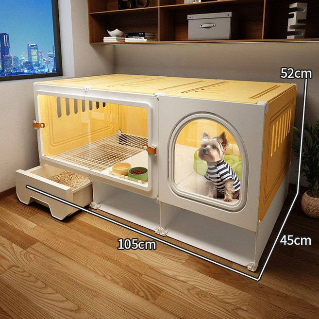 狗屋 寵物狗籠子 狗別墅 狗狗籠子 狗窩 小型犬 帶廁所分離 狗窩 狗別墅 狗屋 室內 寵物籠 狗籠子, 1個, 【加深抽屜廁所】105*45*52廁所分,升級套餐:基礎套餐+狗窩+飲水器#雙碗