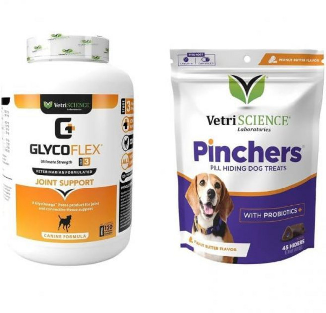 반려견 슬개골 영양제 강아지 베트사이언스 글리코플렉스 최대 고 글루코사민이 함유된 핀처스 알 숨기기 식, 120 Tablet and 45 Chews, Unflavored & Peanut Butter, 1개