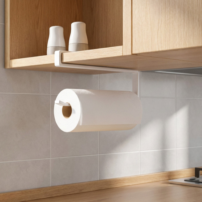 무타공 주방 키친타월 걸이 찬장 하부 홀더 롤페이퍼 거치대, 1개, 화이트