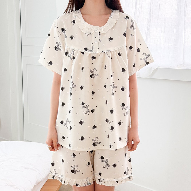 마리끄 여성 블러쉬 라운드 여름 반팔 잠옷