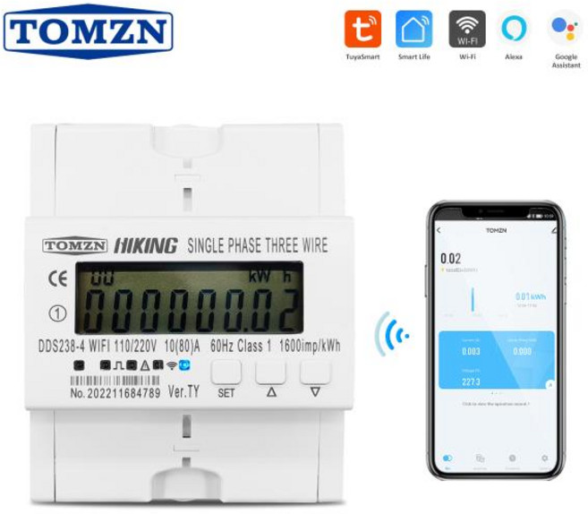 TOMZN 투야 와이파이 스마트 에너지 계량기 전력 소비 모니터 kWh 전력계 2 상 3 선 110V + 110V 80A, 1개