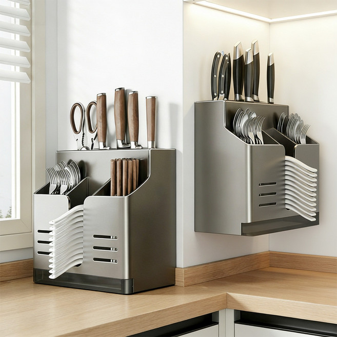 Leesheer 탄소강 주방 칼꽂이 수저통 젓가락통 올인원 물빠짐 무타공 칼정리대, 1개, 그레이