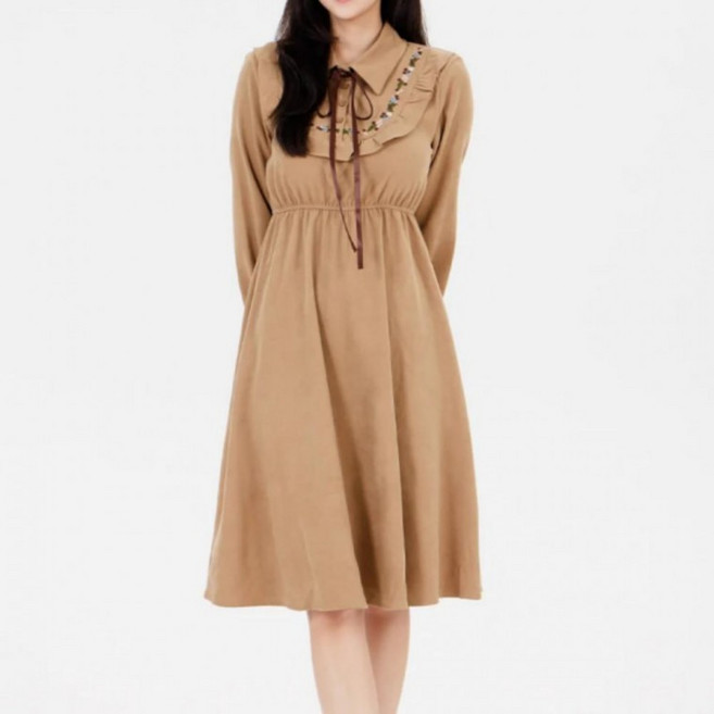 가을 간절기 나들이 데일리 하객룩 빈티지 허리밴딩 라운드 레이스 긴팔 원피스(3color)dmm