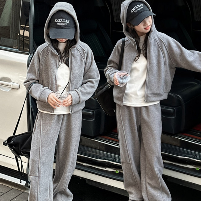 비비키드 여아 기모 캐주얼 플리스안감 후드집업 겨울 초등생 긴팔 상의 초중생 하의 긴바지 주니어 세트 초등생 상의+하의 (8822)