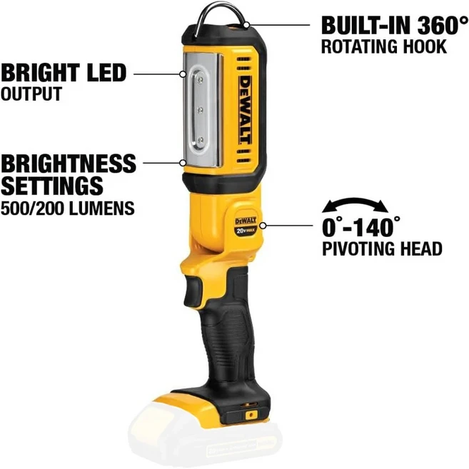 DEWALT DCL050 20V MAX LED 휴대용 조명등: 내장형 텔레스코핑 이중 밝기 유연한 핸드라이트, 01 DCL050