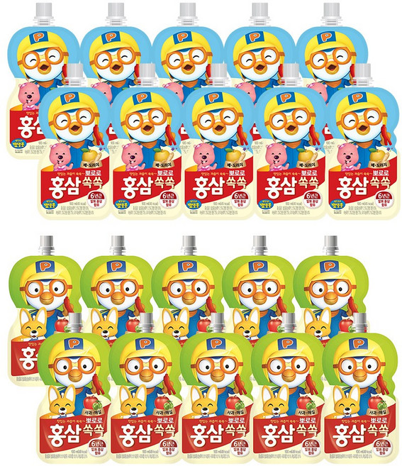 팔도 홍삼쏙쏙 4종 20개 배도라지 오렌지 포도 블루베리 사과 매실 어린이 아기 홍삼 음료 주스, 2L, 1세트