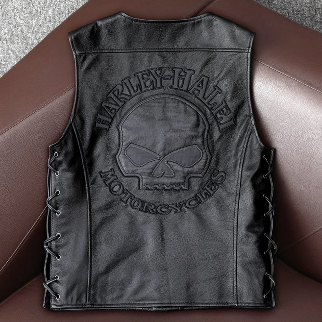 가죽 베스트 조끼 라이딩 바이크 할리 인디언 오토바이 라이더 빅사이즈 봄 가을 남성, 할리/스컬스트랩/가죽조끼, XL