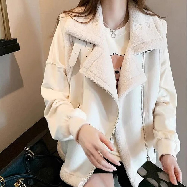 雪莉小姐服飾 韓風保暖羊羔絨翻領麂皮背心