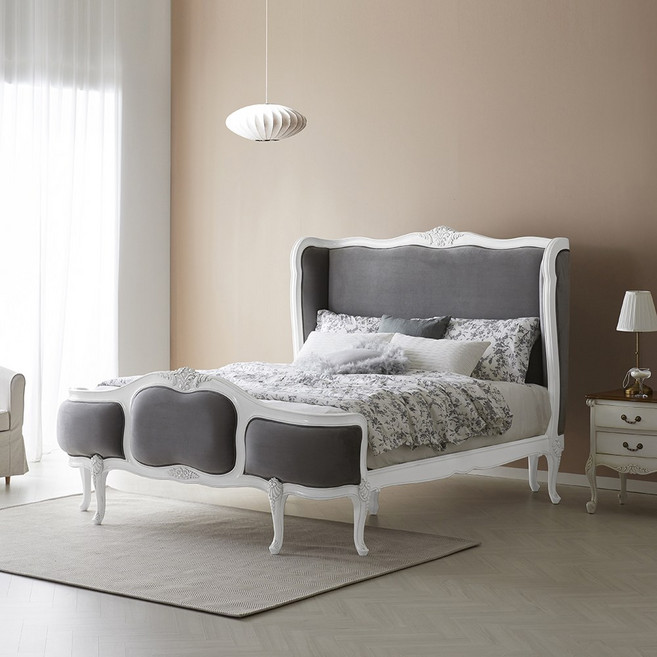 피어젠가구 클레어 프렌치 엔틱 원목 침대 퀸(Q) 화이트 벨벳 + 매트리스 세트, 클레어 침대 프레임(Q 벨벳) + 소프트타입 매트리스