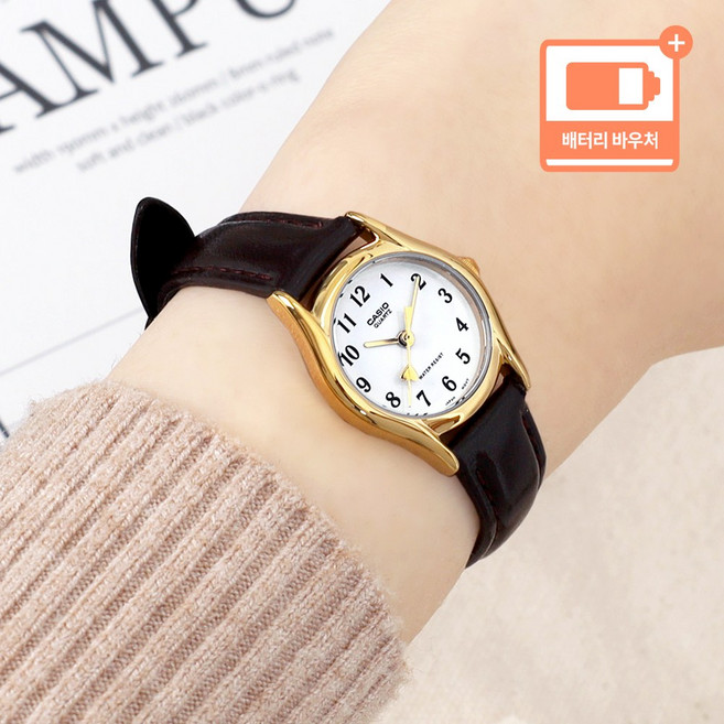카시오 심플 데일리 정장 아날로그 여성 가죽 손목 시계 + 배터리 바우처