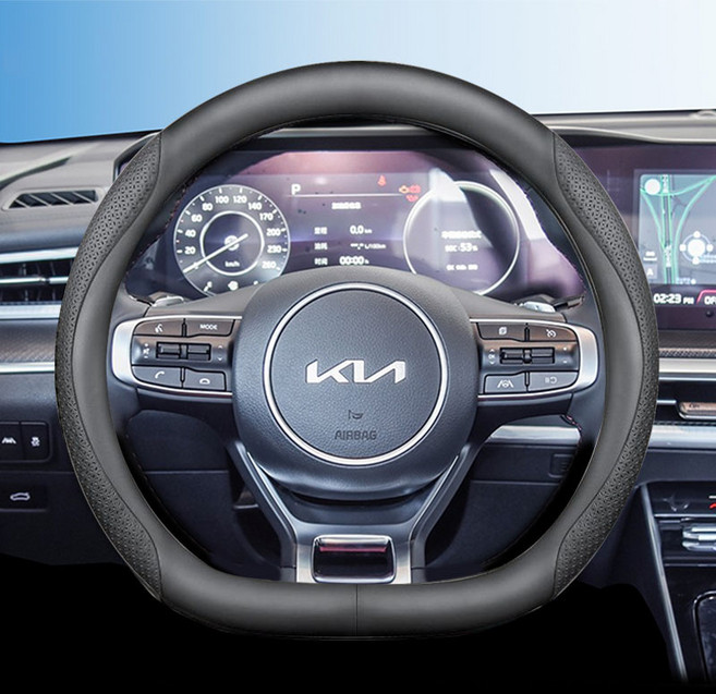 기아 전차종 호환 프리미엄 나파 가죽 카본 핸들커버, 블랙 엠보, D컷 (K-01)