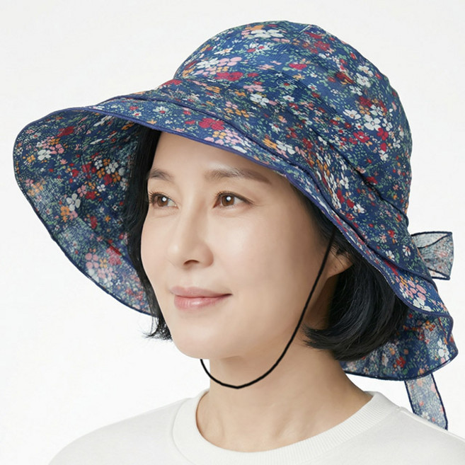 여름 벙거지 넓은챙 시스루 로즈 뒷리본 중년여성 모자 할머니 화려한 망사 플라워