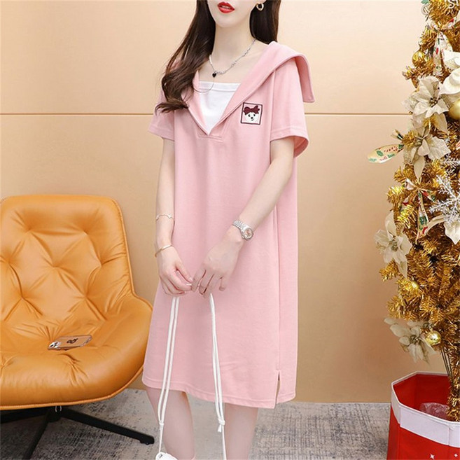 Vezri 여성 봄 가을 여름 편안한 캐주얼 코튼 세일러 칼라 자수 중장 원피스