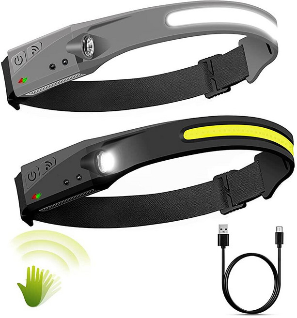 Pluralla LED 헤드램프 2팩 충전식 230° 와이드 빔 헤드라이트 모션 센서 5가지 모드 경량 땀 방지 헤드 손전등 야외 달리기 캠핑 낚시 하이킹용 175639