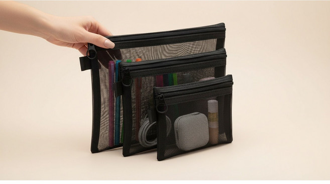 여행용 출장용 정리용 소품용 메이크업 다용도 심플 블랙 메쉬 파우치 3종