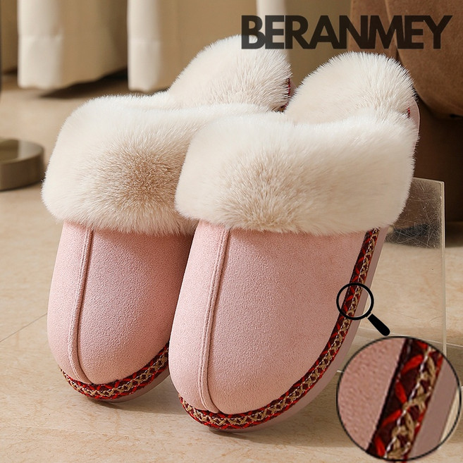 Beranmey 털슬리퍼 자수 폭신한 여성 실내화 스웨이드 털신발 프리미엄 퍼 스티치