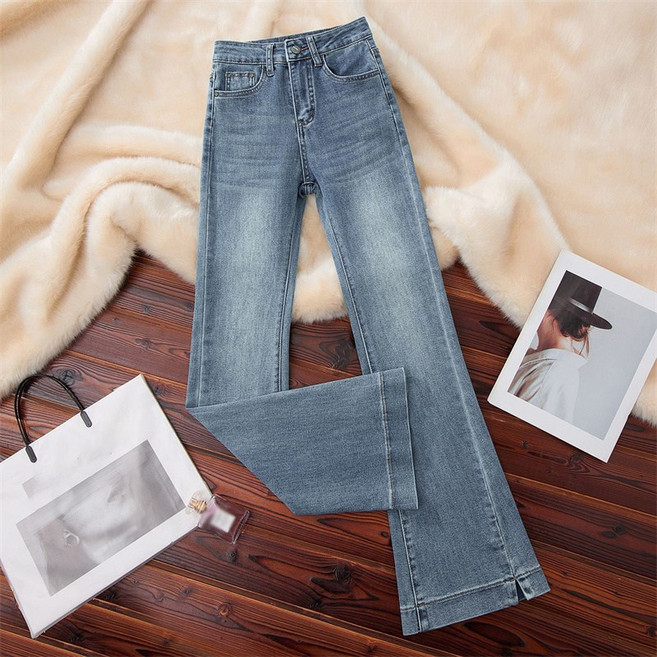 AOKADA 여성 봄 가을 세미 와이드 청바지 하이웨스트 아래트임 키작녀 부츠컷 나팔 데님 팬츠