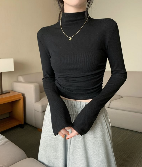 일월전빵 가을겨울 여성 반목 반폴라 베이직 세미크롭 셔링 스판 긴팔티 BF-C086