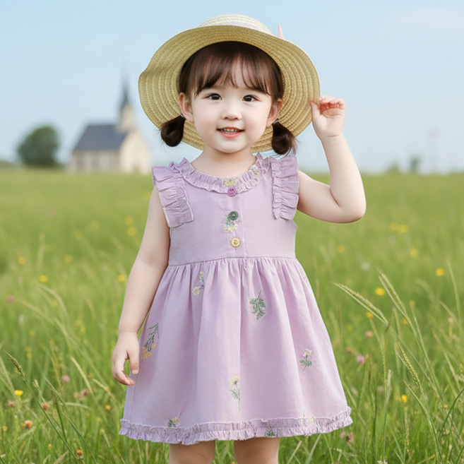 몽실이 퍼플자수 코튼원피스 모자세트