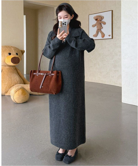 봄 가을 임산부 니트 원피스 캐주얼 긴팔 임부 원피스 기질 루즈핏 임부옷 반집업 터틀넥 원피스 WXY