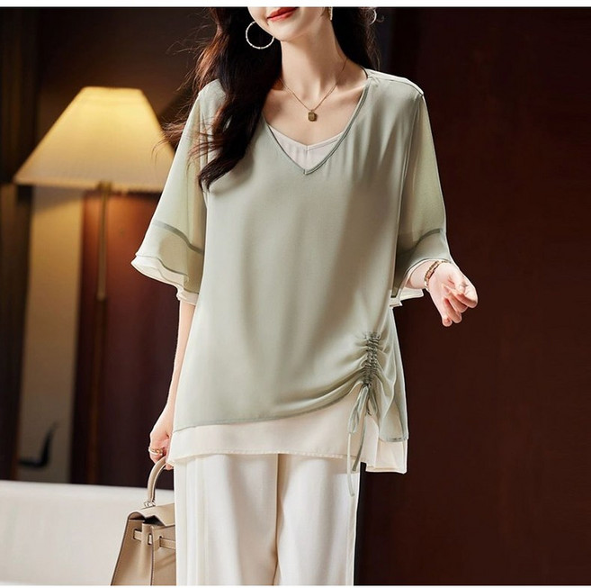 빅사이즈 여성 배색 브이넥 반팔 레이어드 블라우스 여름 스트링 셔링 가짜 투피스 블라우스 티셔츠 상의