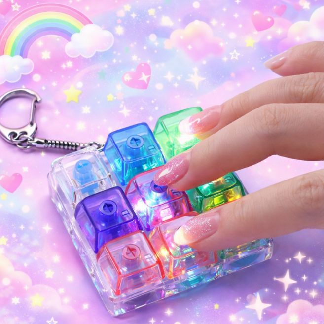 LED 키캡 키링 9구 청축 스트레스 해소 키보드 딸깍이, 1개, 투명 9구