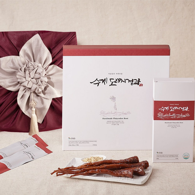 국산3년생 수제 개별 도라지정과 500g 부모님 상견례 선물, 1개, 개별 버건디보자기 포장세트