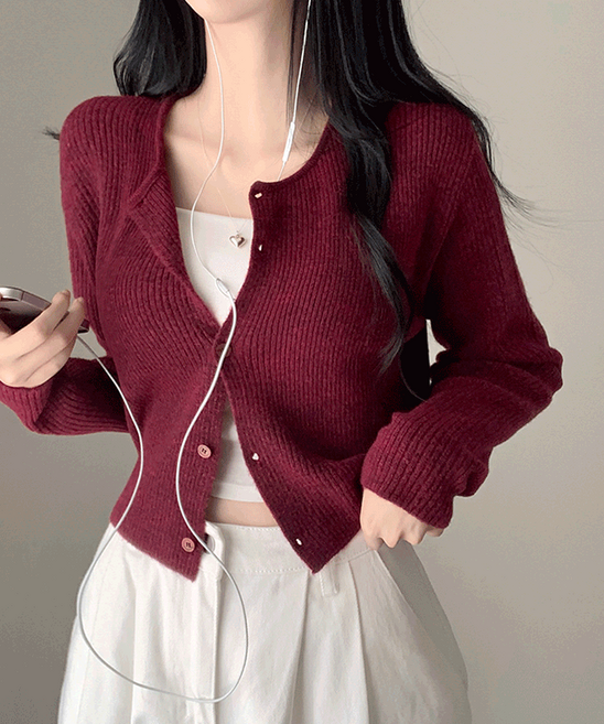 자스민벨 크렌베리 여리핏 캐시울 아크릴 라운드 골지 크롭 긴팔 가디건