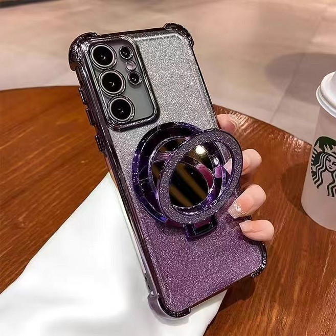 그라데이션 글리터 갤럭시 S24 울트라 케이스 (S23+/S22/S20/S21/S23 호환) + 마그네틱 기능 + 스탠드 내장 +미러 내장방폭 케이스