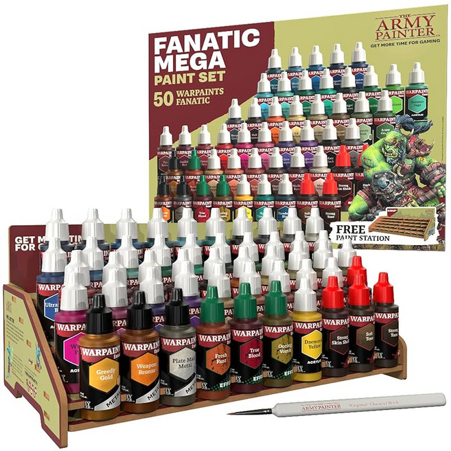 The Army Painter Warpaints Fanatic 메가 세트 50 페인트 아크릴 36 색 4 스킨 톤 3 메탈릭 3 효과 4 워시 1 프리 페인트 스테이션, 1개, g