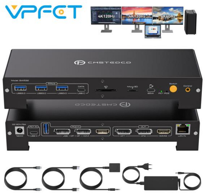 KVM 스위치 도킹 스테이션 3개 모니터 2대 컴퓨터 DP 4K@120Hz HDMI 썬더볼트 노트북 PC 최대 100W PD 충, 01 US Plug