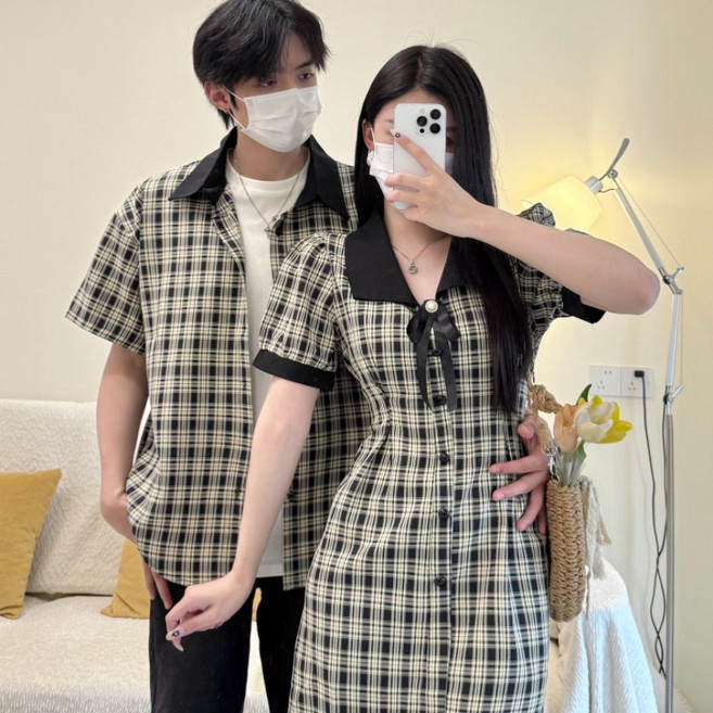 해피유통 남녀 커플룩 체크무늬 반팔 셔츠 원피스 세트 봄여름 데일리 캐주얼 스타일 LWJ