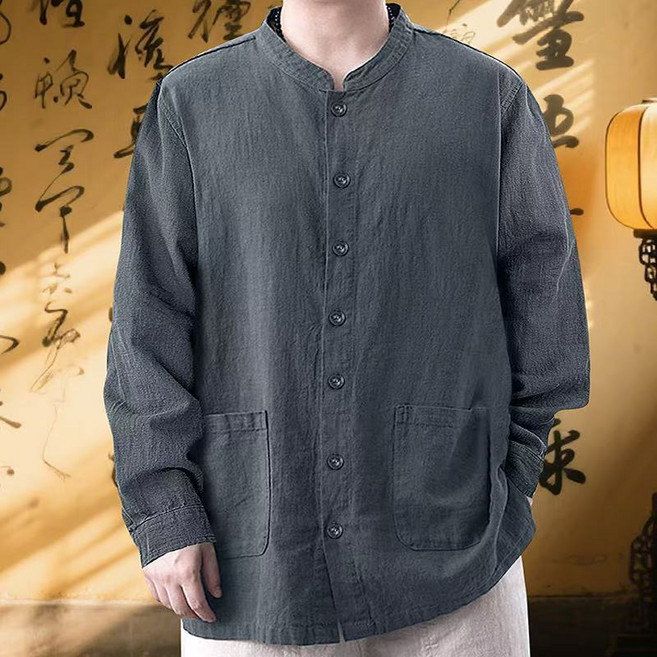 【降溫保暖】2025新中式復古立領長袖男士襯衫國潮透氣新款襯衣寬鬆休閒外套男