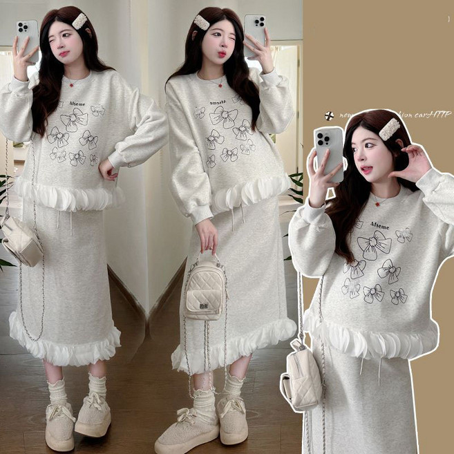 임산부 투피스 치마 세트 봄 가을 캐주얼 코튼 혼방 프린트 맨투맨 + 스커트 세트 JS