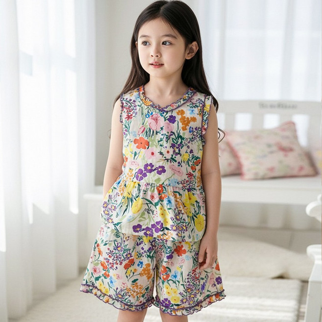 달콩슈 여아용 주니어 플라워 프릴 여름 잠옷 상하의 세트 파자마 홈웨어 DKP910