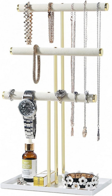 쿤지 주얼리 정리 스탠드 금속 프레임이 있는 목걸이 홀더 전시용 트리 팔찌 귀걸이 및 여성용 링 트레이베이지 3단