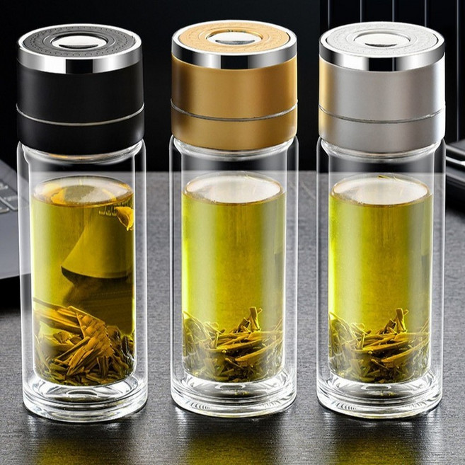 高硼硅玻璃茶水分離杯 雙層商務泡茶杯, 銀色, 1個, 500ml